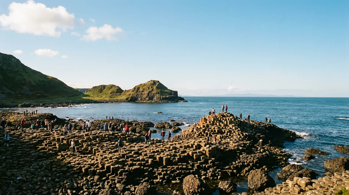 Tourists exploring the hexagonal basalt columns of the Giant's Causeway