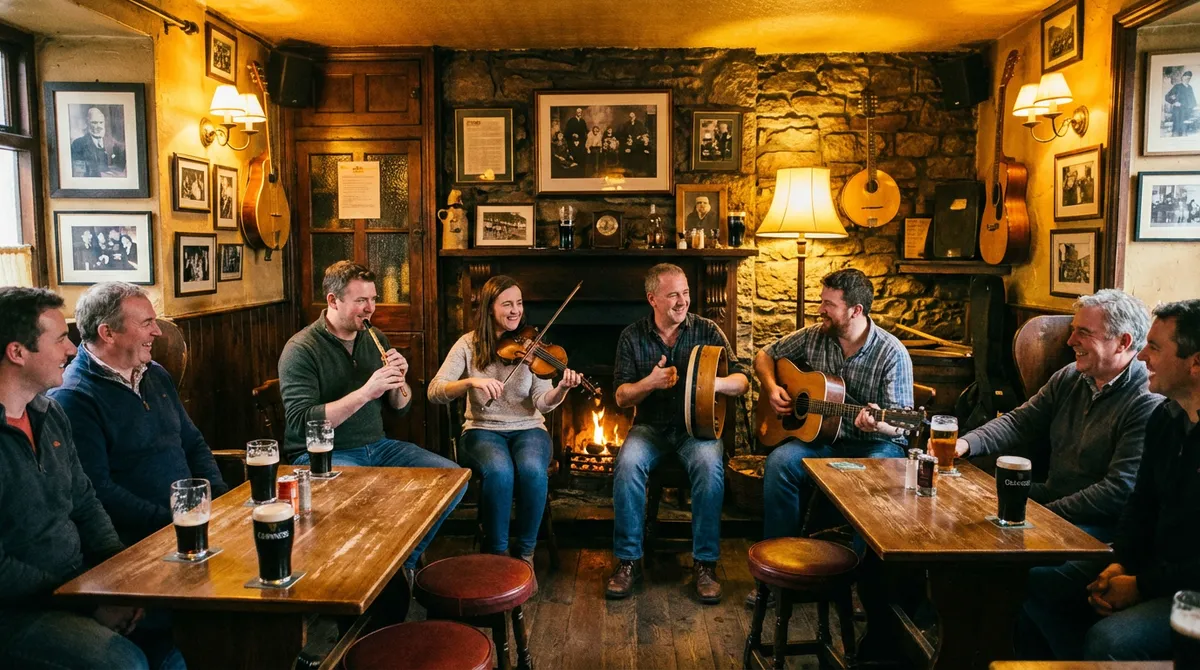 Traditional Irish musicians playing instruments in a cozy pub with warm lighting and pints of Guinness.