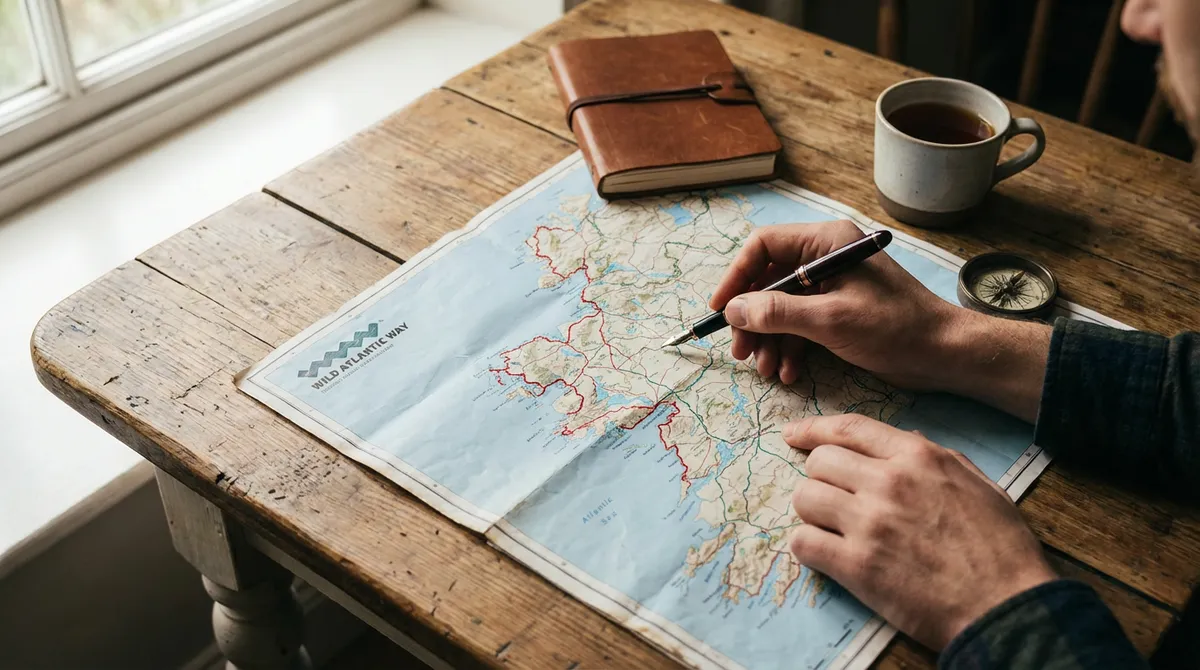 Detailed map of Ireland with hands planning a self-drive route