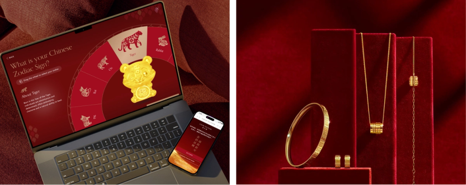 Chow Tai Fook app showing a Chinese Zodiac quiz, alongside gold jewelry on red velvet stands