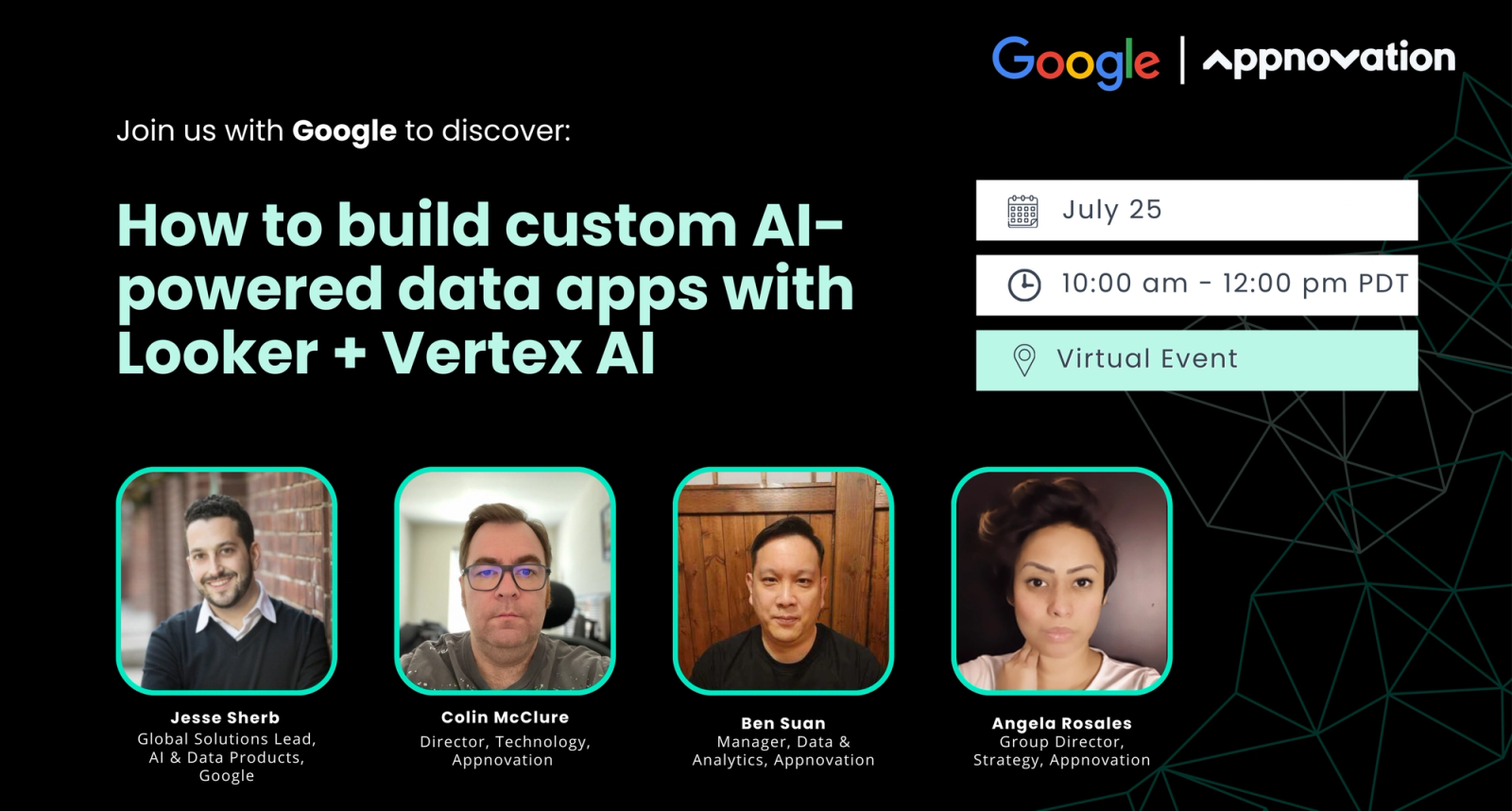 Google and Appnovation webinar invite for building AI-powered data apps with Looker and Vertex AI, with four speakers