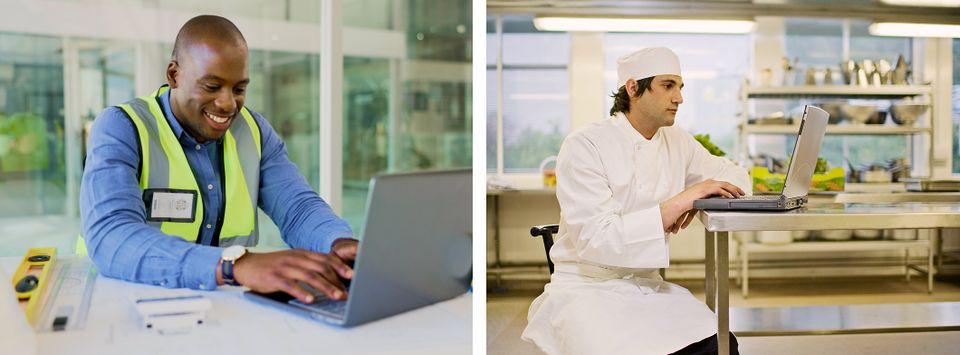 A construction worker and a chef each using a laptop