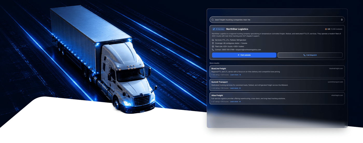 AI-powered freight search results panel next to a semi truck on the highway
