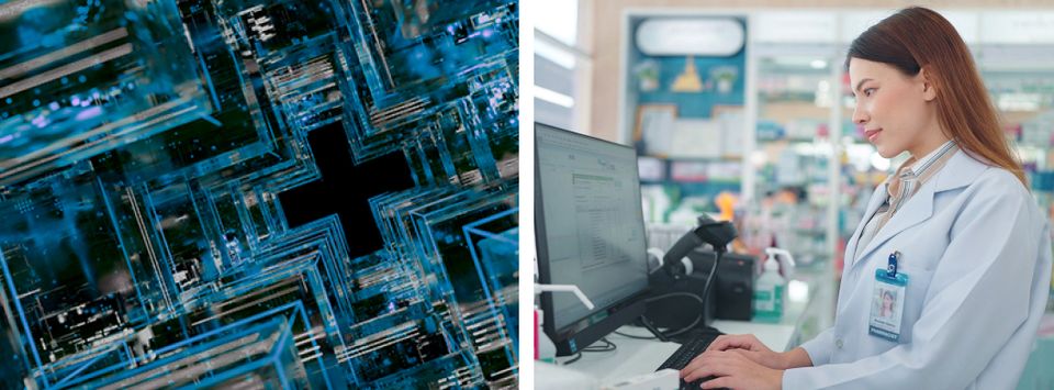 Blue circuit pattern forming a cross beside a pharmacist working at a computer