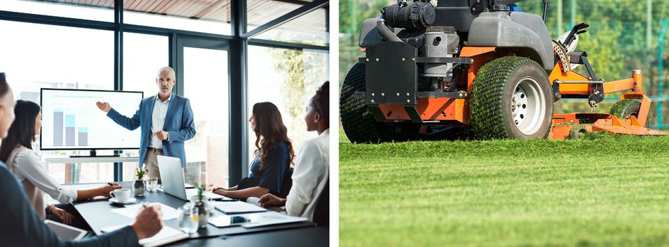 A presenter reviewing a bar chart with colleagues, and a close-up of an orange Hustler zero-turn mower on grass