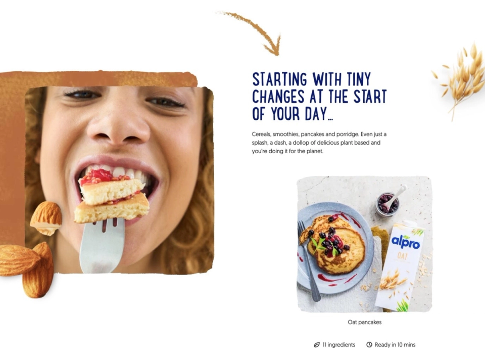 Alpro website breakfast section ‘starting with tiny changes at the start of your day’, featuring oat pancakes