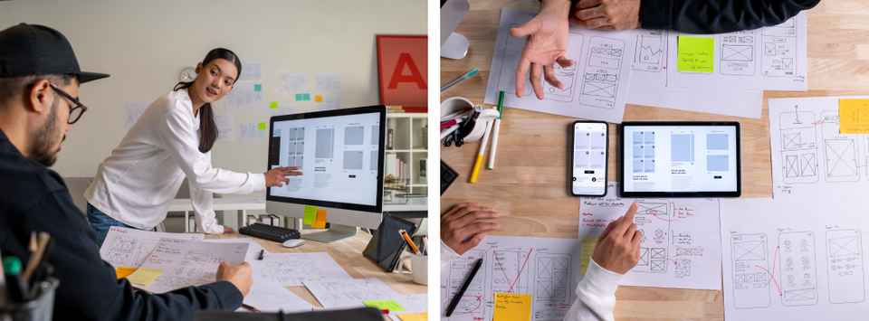 Designers reviewing website wireframes on screen and hands sorting printed UI mockups