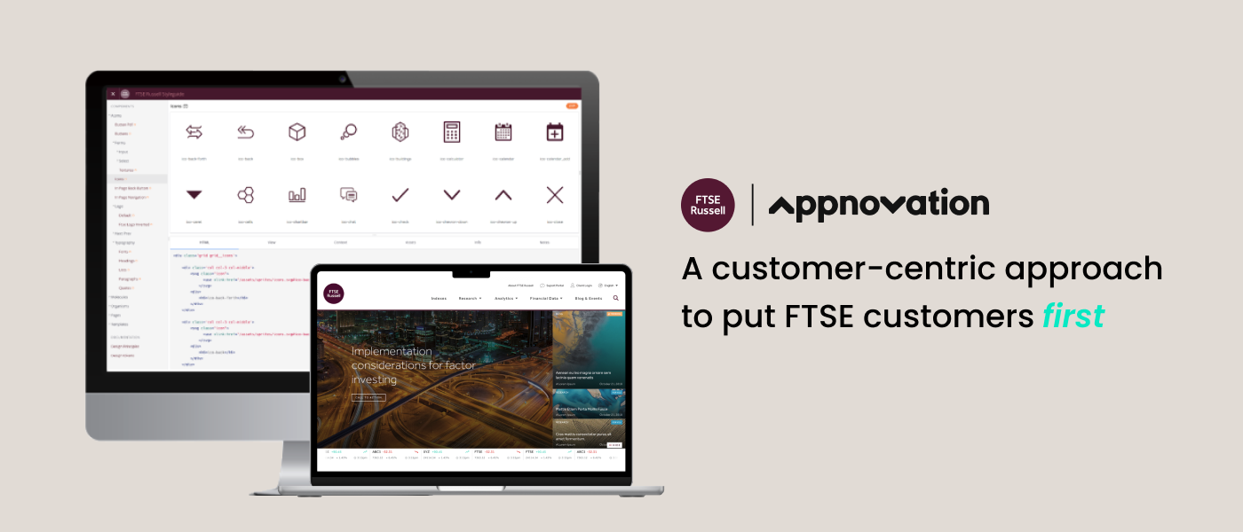 FTSE Russell and Appnovation logos beside a laptop and phone showing the redesigned FTSE Russell platform