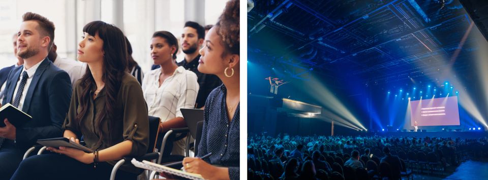 Conference attendees in a session, and a full auditorium event with stage lighting