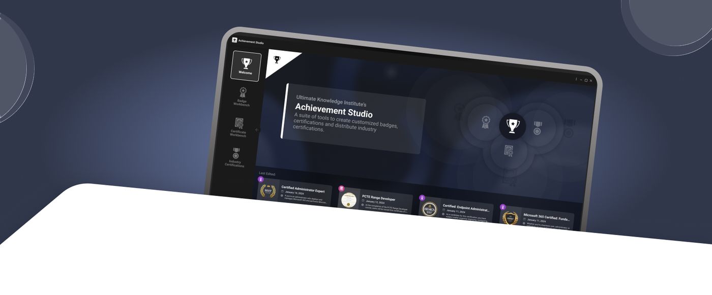 Achievement Studio LMS interface showing custom badges and certifications on a tablet