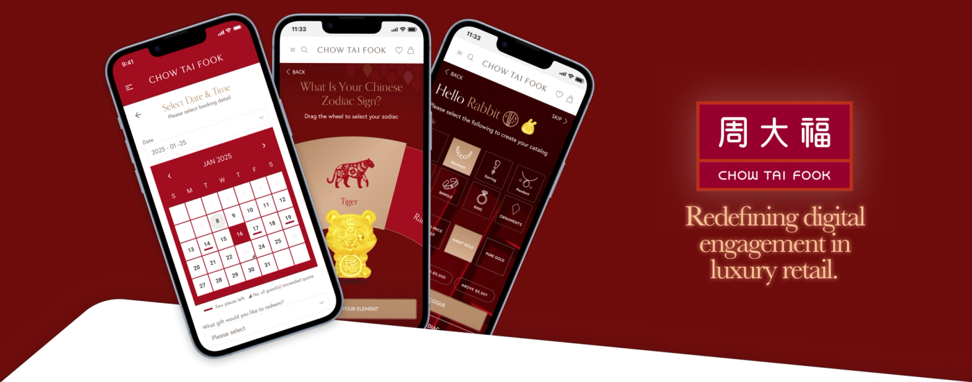 Chow Tai Fook app screens for booking, a zodiac quiz and rewards, redefining digital engagement in luxury retail