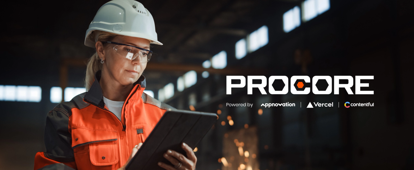 Construction worker reviewing a tablet on site, with Procore, Appnovation, Vercel and Contentful logos