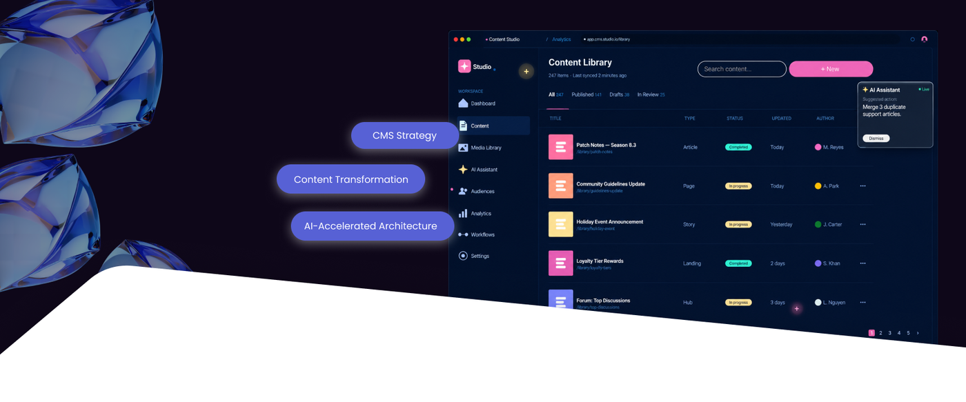 Content Studio CMS interface showing a content library, labelled CMS strategy, content transformation and AI architecture