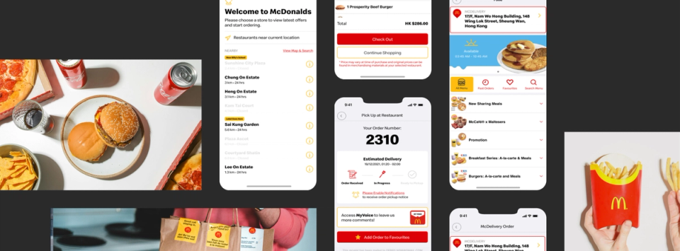 Grid of McDonald's app screens showing ordering, checkout, delivery tracking and the menu
