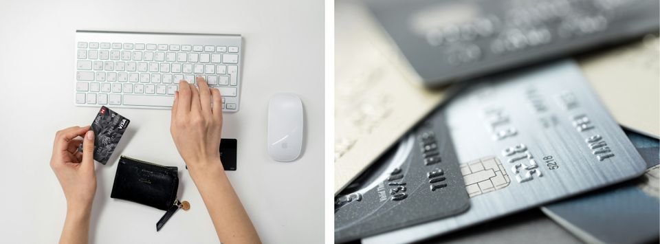 A hand holding a credit card at a keyboard, and a fan of several bank cards