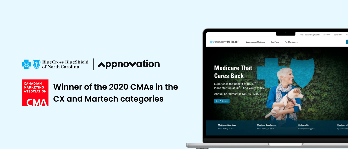 Blue Cross Blue Shield North Carolina Medicare website on a laptop, with a note on winning 2020 CMA awards in CX and Martech