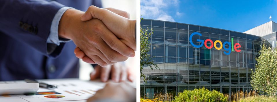 A handshake over printed charts, alongside the Google logo on an office building