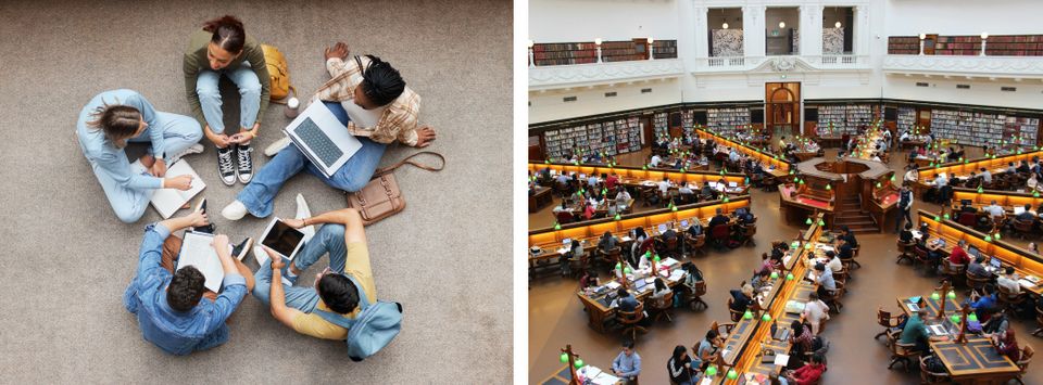 Students studying together in a circle from above, and a grand library reading room filled with people