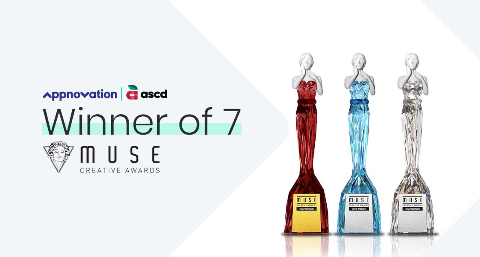 Three MUSE Creative Awards trophies beside text announcing Appnovation and ASCD's seven 2022 wins