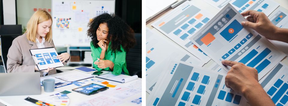 Designers reviewing UI wireframes on a tablet beside hands sorting printed mockups