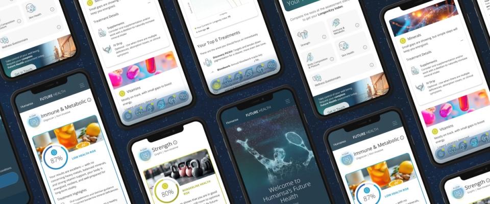 Grid of Future Health app screens showing longevity scores, treatment highlights and health assessment details