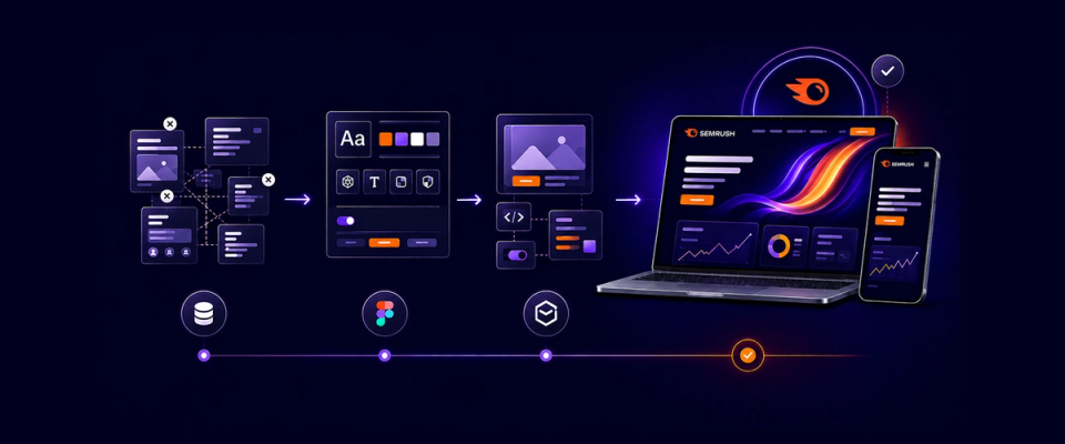 Diagram showing content moving through design, image and code steps to the Semrush website