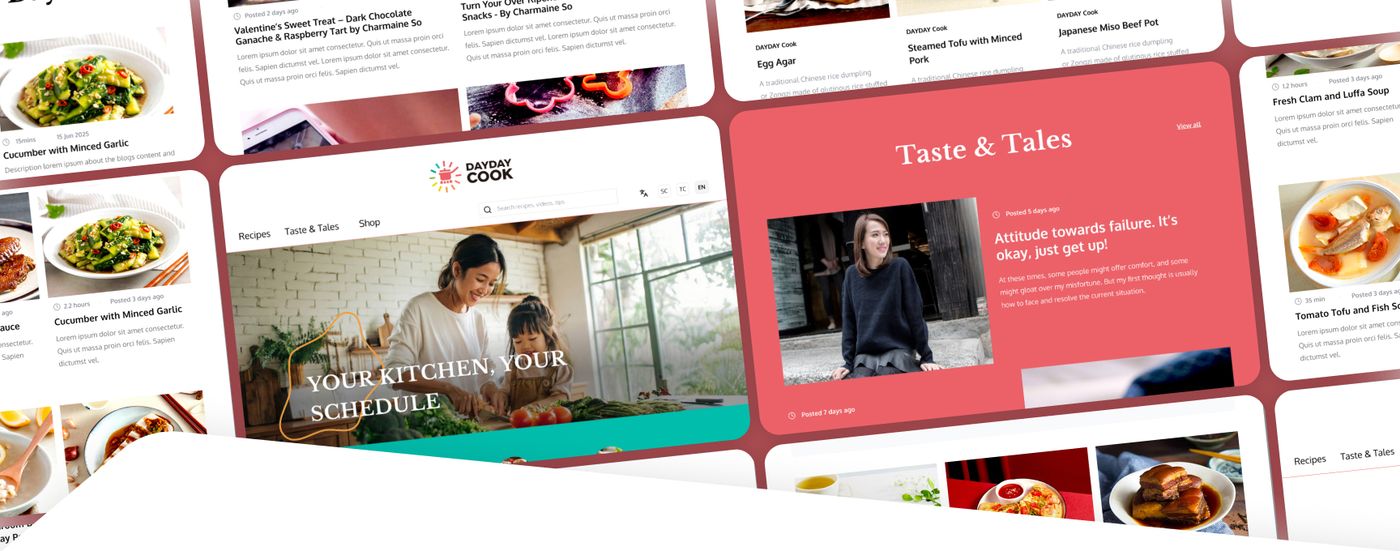 DayDayCook website screens showing recipes and the 'Taste & Tales' section