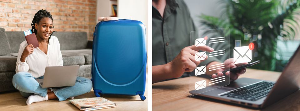 Traveler with a suitcase and laptop beside a hand using a phone with floating email icons