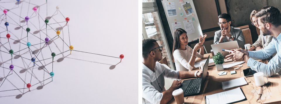 A network of connected pins, and a team meeting discussing plans around a laptop