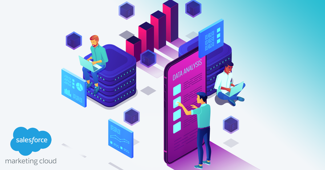 Isometric illustration of people working with data analysis dashboards and charts, with the Salesforce Marketing Cloud logo