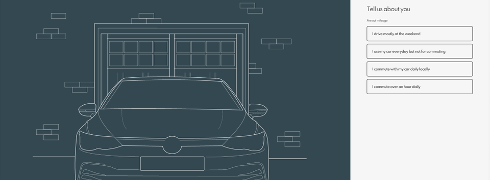 Car subscription builder wireframe: garage illustration with driving-frequency questions