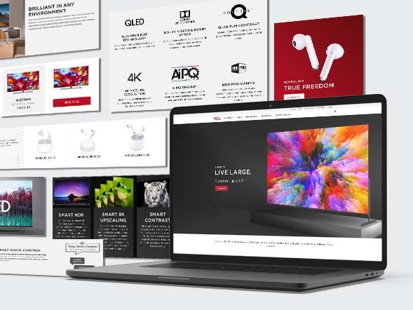 Collage of TCL marketing assets and a laptop displaying the 'Live Large' TV product page