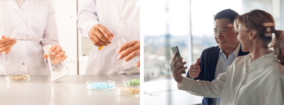 Lab workers handling vials beside two people smiling at a phone