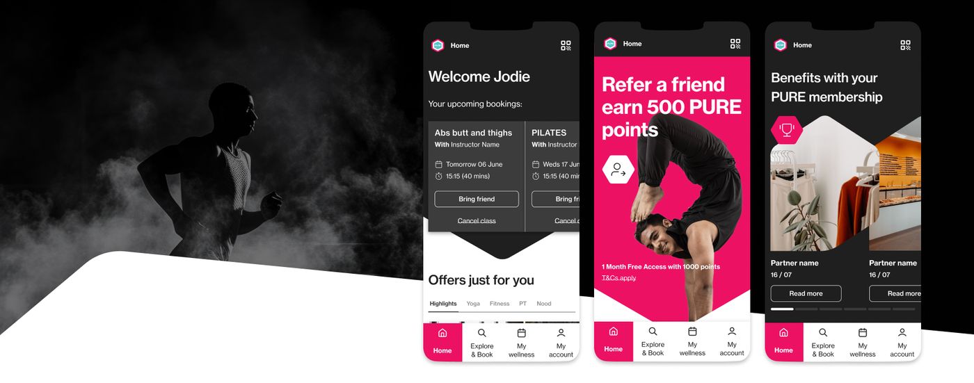 PURE fitness app screens showing bookings, refer-a-friend rewards and membership benefits