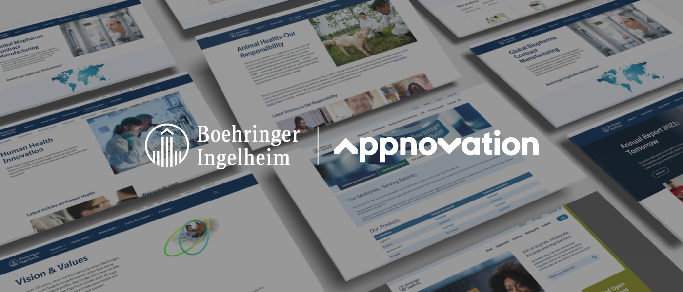 Boehringer Ingelheim website pages on human health, animal health and company vision shown in a tiled layout