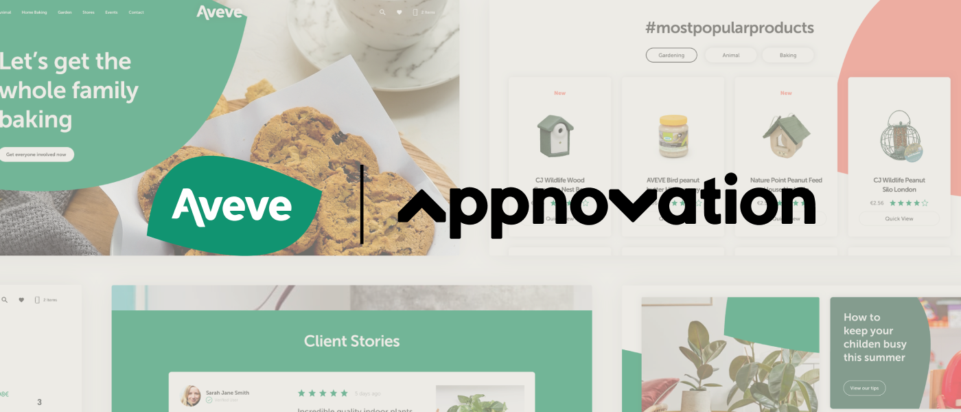 Aveve website pages showing baking content, popular products and client stories
