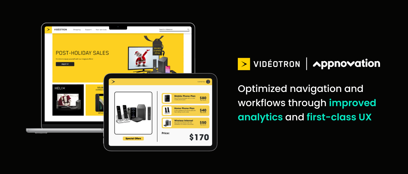 Videotron and Appnovation logos beside the Videotron site on a laptop and tablet, with text on optimized analytics and UX
