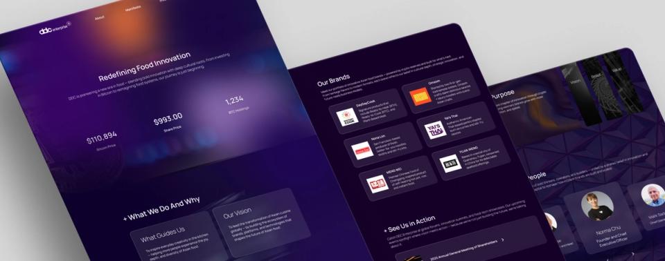 DayDayCook website pages: homepage hero, 'Our Brands' logo grid, and an investor section