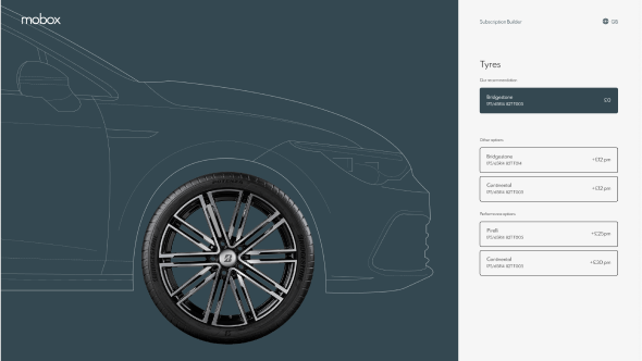Mobox car subscription app screen for selecting tyres, including a Bridgestone option