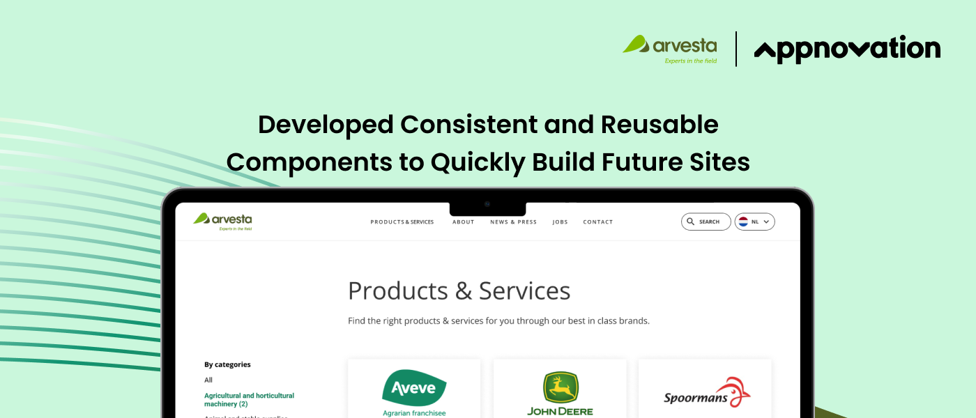 Arvesta products and services page shown on a laptop, with a headline about reusable components for future sites