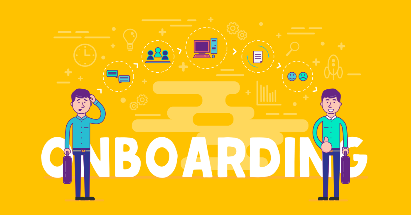 Illustration of the word Onboarding, with a confused new starter becoming a confident one through meetings, training and documentation
