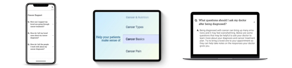 Phone, tablet and laptop screens showing cancer support resources: FAQs, basics, and diagnosis guidance