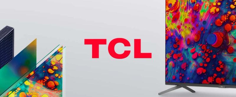 TCL logo beside colourful abstract TV display panels and a mounted television