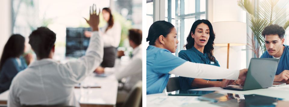 A meeting with a hand raised, and three healthcare workers reviewing information on a laptop