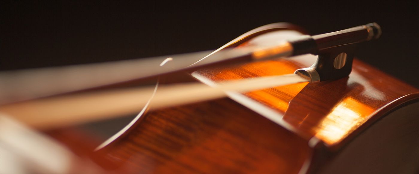 Close-up of a violin bow drawn across the strings