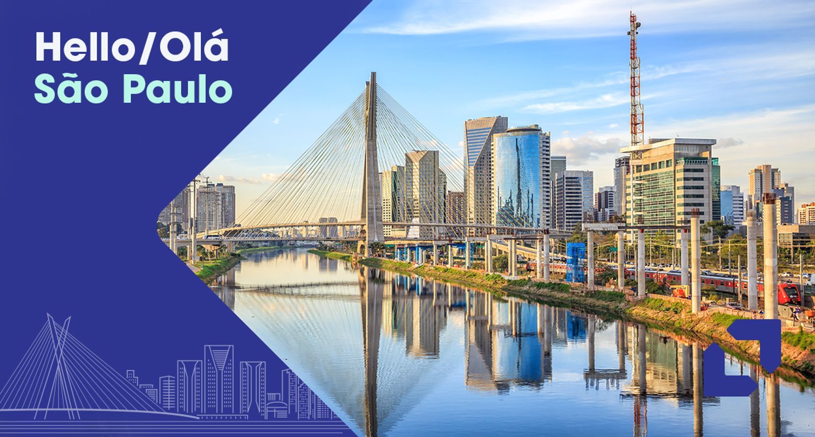Hello Sao Paulo graphic over the city skyline and a cable-stayed bridge