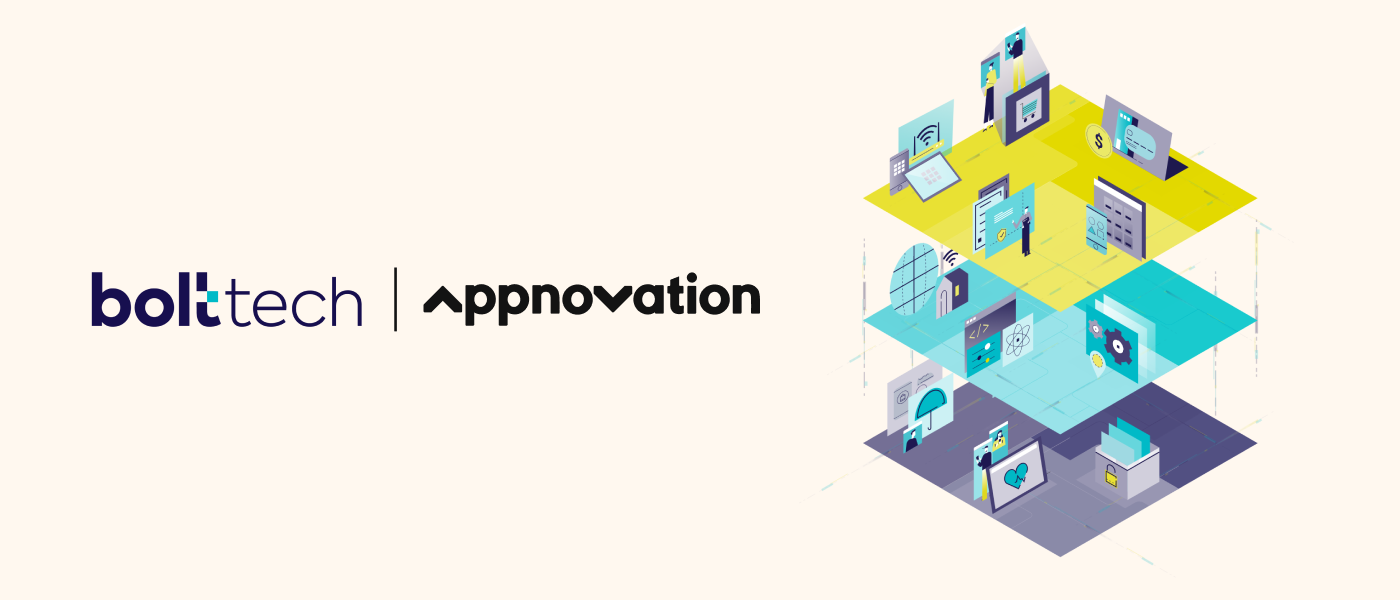 Bolttech logo beside an isometric illustration of layered digital service platforms