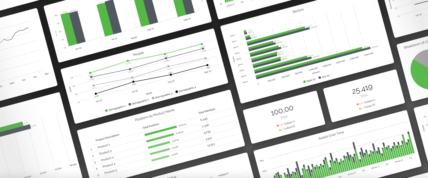 Analytics dashboard mockup with multiple charts, tables and KPI tiles showing sales and demographic data