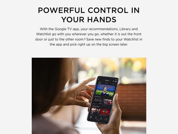 Hand holding a phone showing the Google TV app under the heading 'Powerful control in your hands'