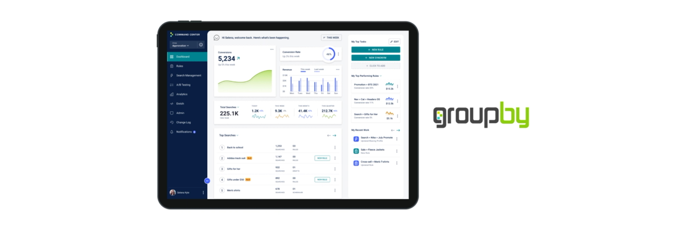 Tablet showing the GroupBy command centre dashboard with performance metrics and charts, beside the GroupBy logo